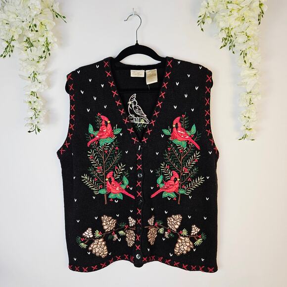 Vintage Bobbie Brooks Christmas Sweater Vest Embroidered Cardinals Large Holiday - Picture 2 of 11